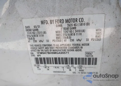 2021 Ford Explorer z USA, uszkodzony, nr VIN 1FMSK7BH9MGA99571